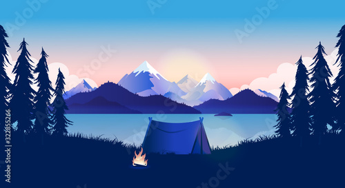 Camping by lake - Tent in sunrise with campfire burning, beautiful nature view in early morning. Mountains and ocean in the background. Calm, travel, getaway concept. Vector illustration.