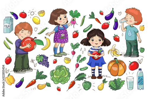 Children with fruits and vegetables. Healthy food.