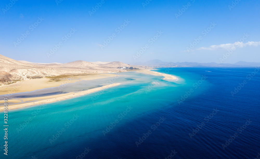 This is an aerial drone shot from Canary islands. Sotavento beach is on the coast of Fuerteventura island. October 2019