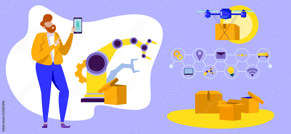 People and Industrial Machines. Operating System of Industrial Enterprise. Man Control System Loading Cargo Using Phone. Working Process. Vector Illustration. Delivery Cargo. Smart Idustry.