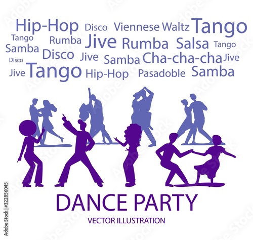 Dance Party Banner with Dancing People Silhouette on White Background. Viennese Waltz, Hip-hop, Rumba, Jive, Pasadoble, Salsa, Disco Dancers. Nightclub Discotheque. Dance School Classes