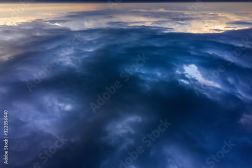 Aerial view of heavy thunderclouds over the forest of Karelia