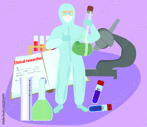 Clinical study of diseases and viruses. A man in a protective suit examines the history of the virus and finds an antiviral agent. Nurse hold a notebook in her hands. Vector flat illustration.