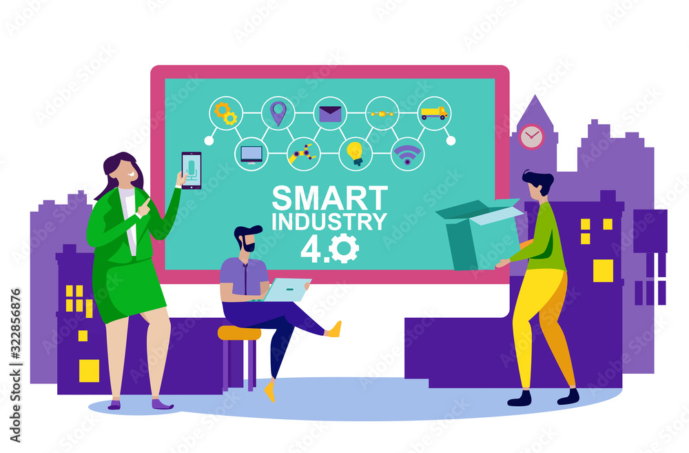 Smart Industrial Enterprise Service System. Operating System of Industrial Enterprise. Man and Woman Office Worker. Teamwork. Working Process. Automation and Technology. Vector Illustration.