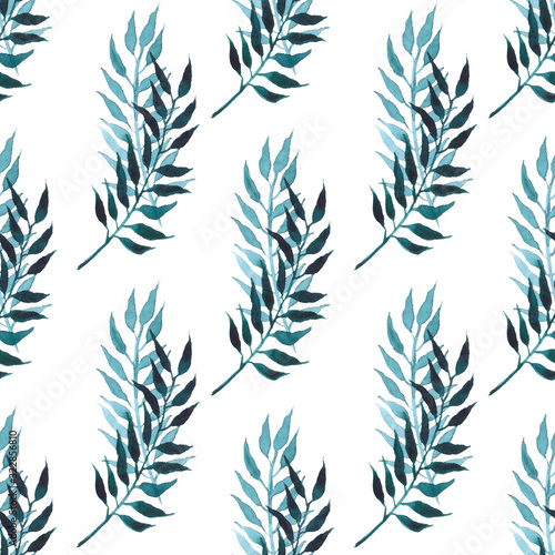 Turquoise tropical seamless pattern on a white background. Minimalistic twigs and leaves. Ideal for postcards, textiles, ceramics, wrapping paper and scrapbooking.