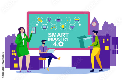 Smart Industrial Enterprise Service System. Operating System of Industrial Enterprise. Man and Woman Office Worker. Teamwork. Working Process. Automation and Technology. Vector Illustration.