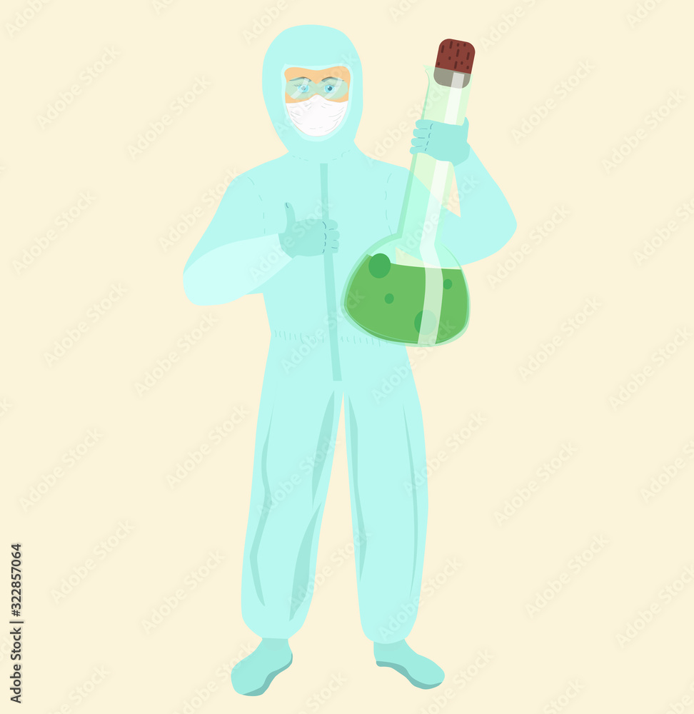Clinical study of diseases and viruses. A doctor in a protective suit examines the history of the virus and finds an antiviral agent. Vector flat illustration. Clinical study of diseases and viruses. A doctor in a protective suit examines the history of the virus and finds an antiviral agent. Vector flat illustration.