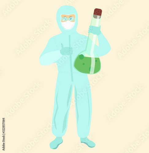 Clinical study of diseases and viruses. A doctor in a protective suit examines the history of the virus and finds an antiviral agent. Vector flat illustration.