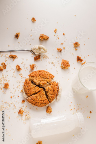 Breakfast with oatmeal cookies with cream and goat yogurt photo