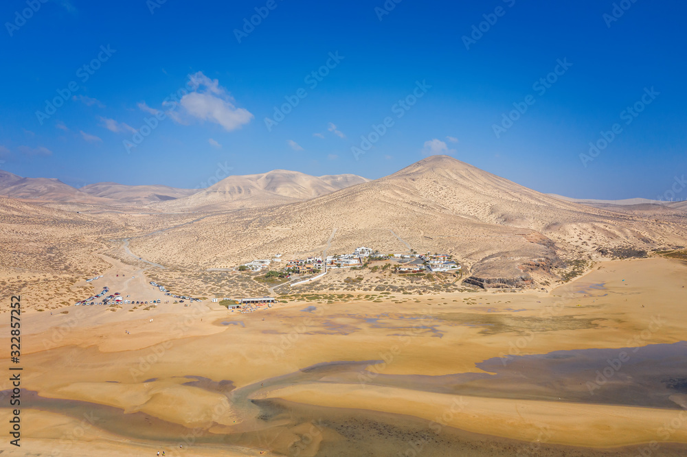 This is an aerial drone shot from Canary islands. Sotavento beach is on the coast of Fuerteventura island. October 2019 This is an aerial drone shot from Canary islands. Sotavento beach is on the coast of Fuerteventura island. October 2019