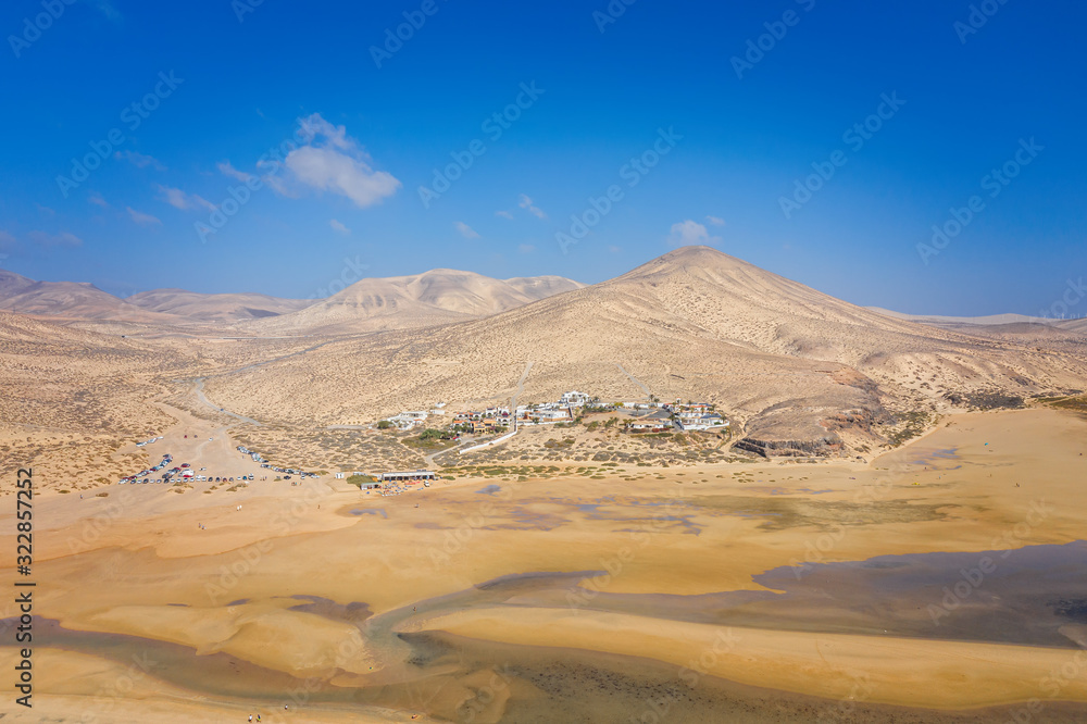 This is an aerial drone shot from Canary islands. Sotavento beach is on the coast of Fuerteventura island. October 2019