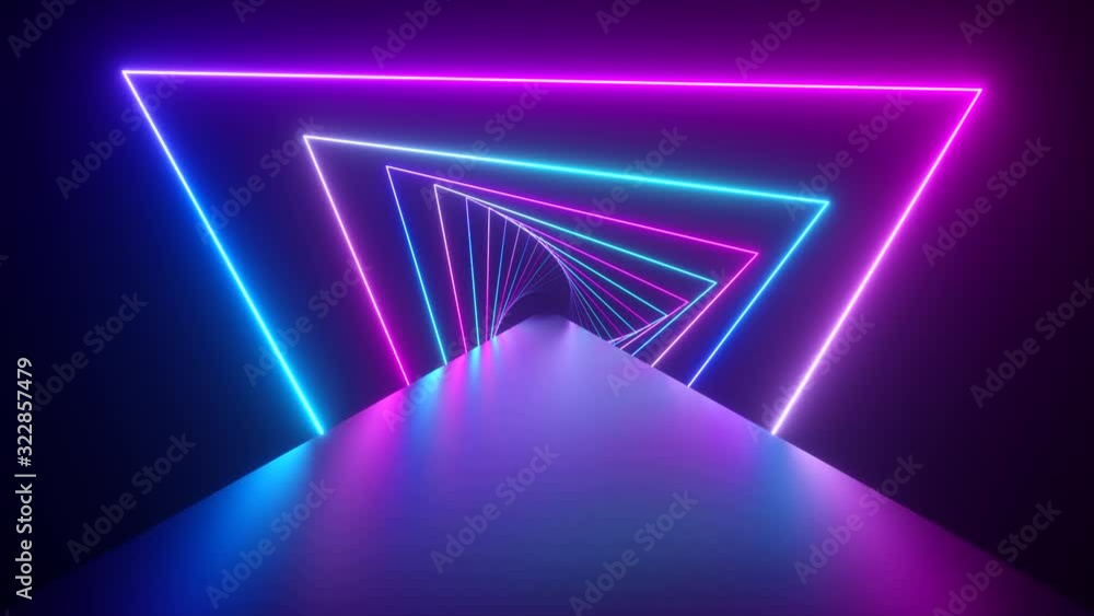 Flying through glowing rotating neon triangles creating a tunnel, blue purple pink violet spectrum, fluorescent ultraviolet light, modern colorful lighting, 4k seamless loop animation