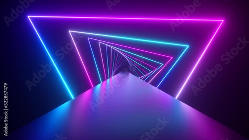 Flying through glowing rotating neon triangles creating a tunnel, blue purple pink violet spectrum, fluorescent ultraviolet light, modern colorful lighting, 4k seamless loop animation