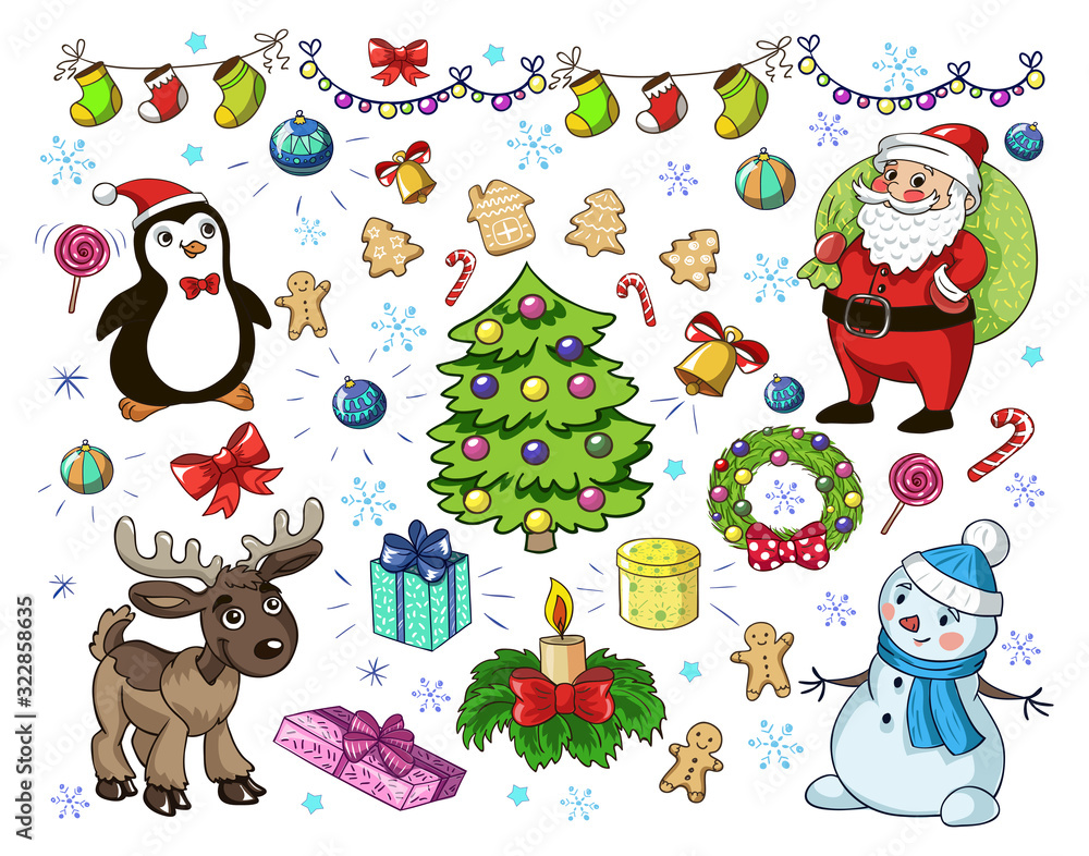 Naklejka premium Merry Christmas and happy new year. Santa Claus, deer, snowman, penguin. Vector pattern.