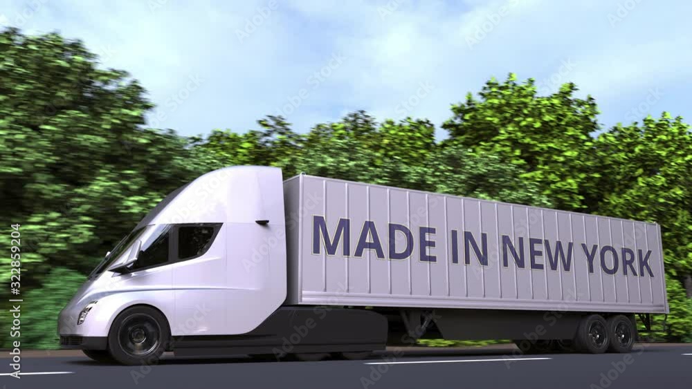 Modern electric semi-trailer truck with MADE IN NEW YORK text on the side. import or export related loopable 3D animation Modern electric semi-trailer truck with MADE IN NEW YORK text on the side. import or export related loopable 3D animation