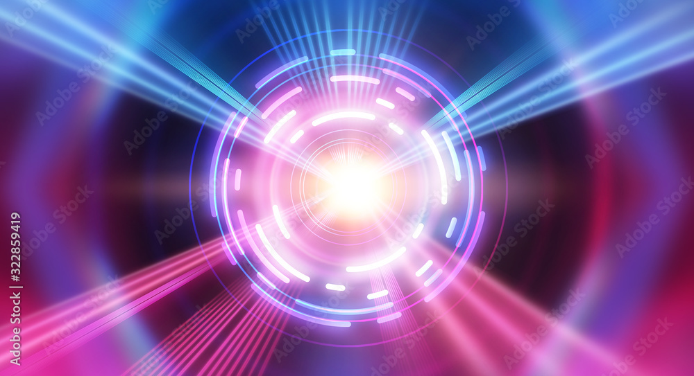 Dark abstract futuristic background. The geometric shape of the cyber circle in the middle of the scene. Neon blue-pink rays of light on a dark background Dark abstract futuristic background. The geometric shape of the cyber circle in the middle of the scene. Neon blue-pink rays of light on a dark background