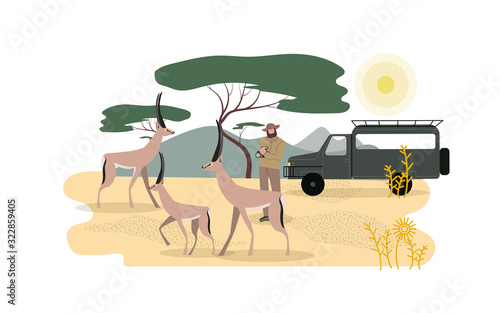 Zoologist Exploring African Fauna Illustration. Wilderness Area, Expedition to Africa. Safari, Road Trip, Active Tourism. Zoological Expedition, Male Explorer Photographing Animals Faceless Character