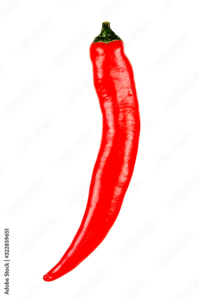 Whole red pod of hot chili pepper isolated on a white background