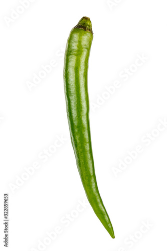Whole green pod of hot chili pepper isolated on a white background