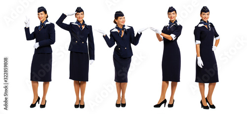 Collage - Young beautiful Russian stewardess in blue uniform photo