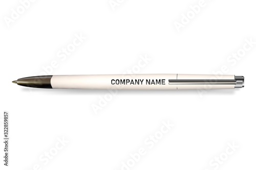 Vector plastic corporative pen mockup. White realistic pen for your company. 3D pe isolated on white background.