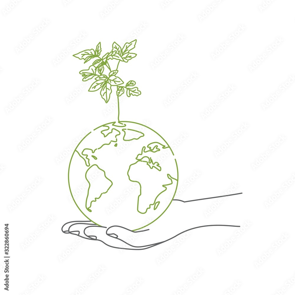 Hand drawn of hands holding globe with a sprout. Save the planet concept.