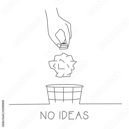 No ideas concept. Crumpled paper ball being thrown into the trash bin. Hand drawn vector illustration.