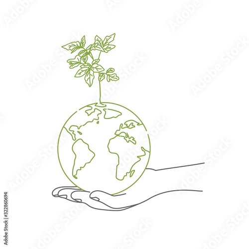 Hand drawn of hands holding globe with a sprout. Save the planet concept.
