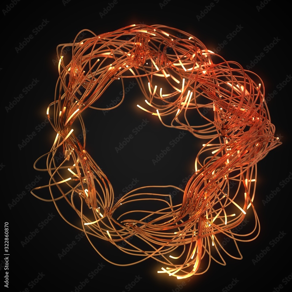 tangled fiber optic strings with glowing ends, 3D illustration tangled fiber optic strings with glowing ends, 3D illustration