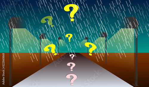 Rainy Road In Frontal Prospective With Yellow Question Marks and Question Marks Signs on Asphalt Road Representing the Concept of Uncertainty Ahead.