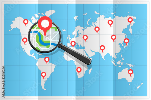 Magnifying glass over folded world map searching destination place for vacation gps location pin on city street road vector illustration