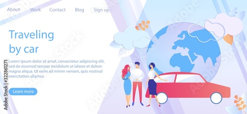 Traveling by Car Landing Page. People Getting Ready to Roadtrip Flat Cartoon Banner Vector Illustration. Vacation for Friends or Couple. Characters Having Journey by Vehicle. Man and Woman.
