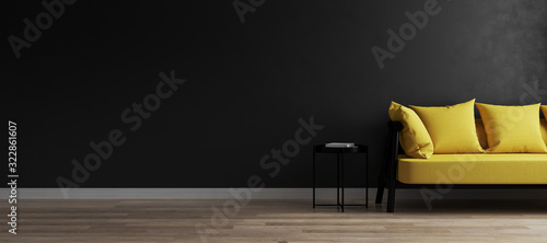 Modern room interior background with black wall and stylish yellow sofa, black empty wall mockup, 3d rendring