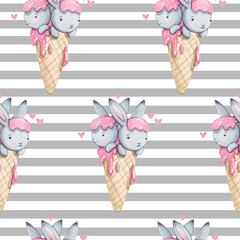 Wandcirkels Aquarel prints patronen Cute watercolor seamless pattern with bunny in ice cream. Hand painted background. Watercolor illustration for print, textile.  © BloomPix
