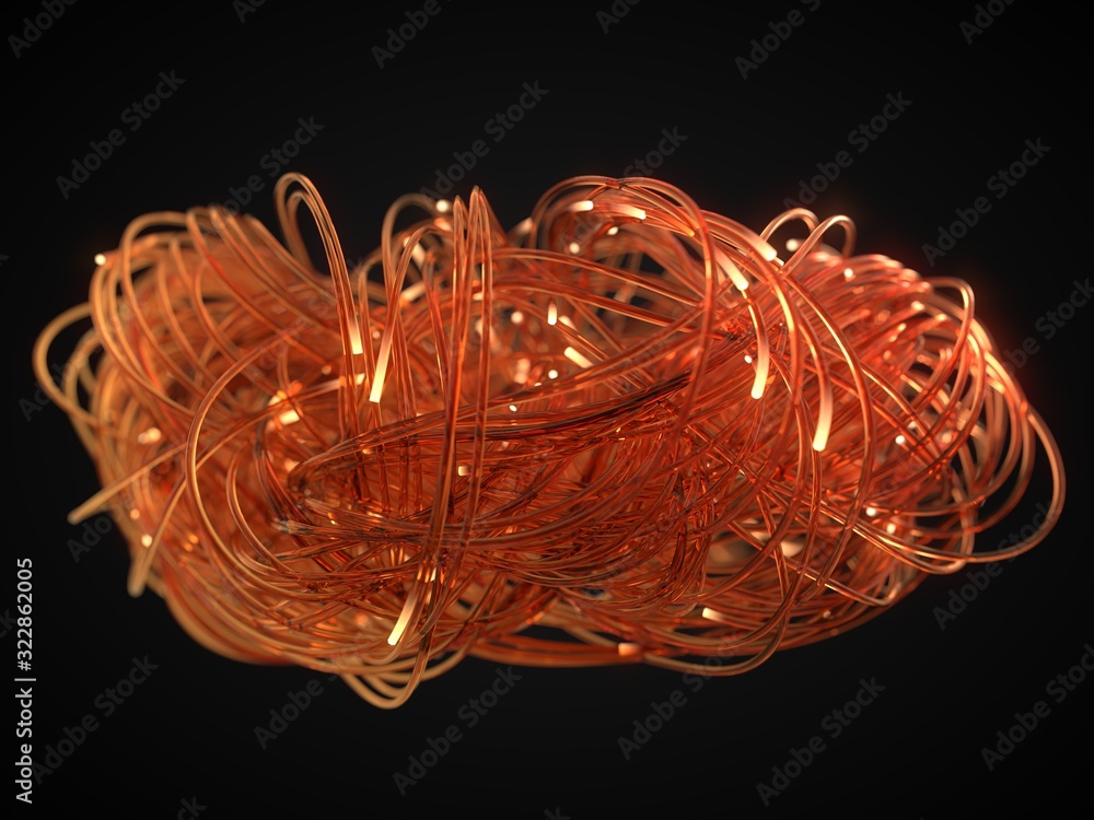 tangled fiber optic strings with glowing ends, 3D illustration tangled fiber optic strings with glowing ends, 3D illustration