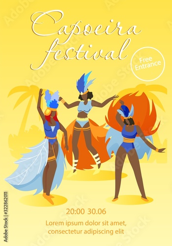 Women in Carnival Costumes and Feather Headdress. Capoeira Festival. Party Invitation. People Celebrate Days Brazilian Carnival. Vintage Feather Dress. National Holiday of Brazil. Vector Illustration.