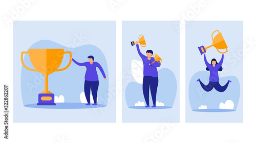 People celebrating victory and happy together. Successful people with champion cup. Element collection design with business or finance concept for website development or social media advertising.