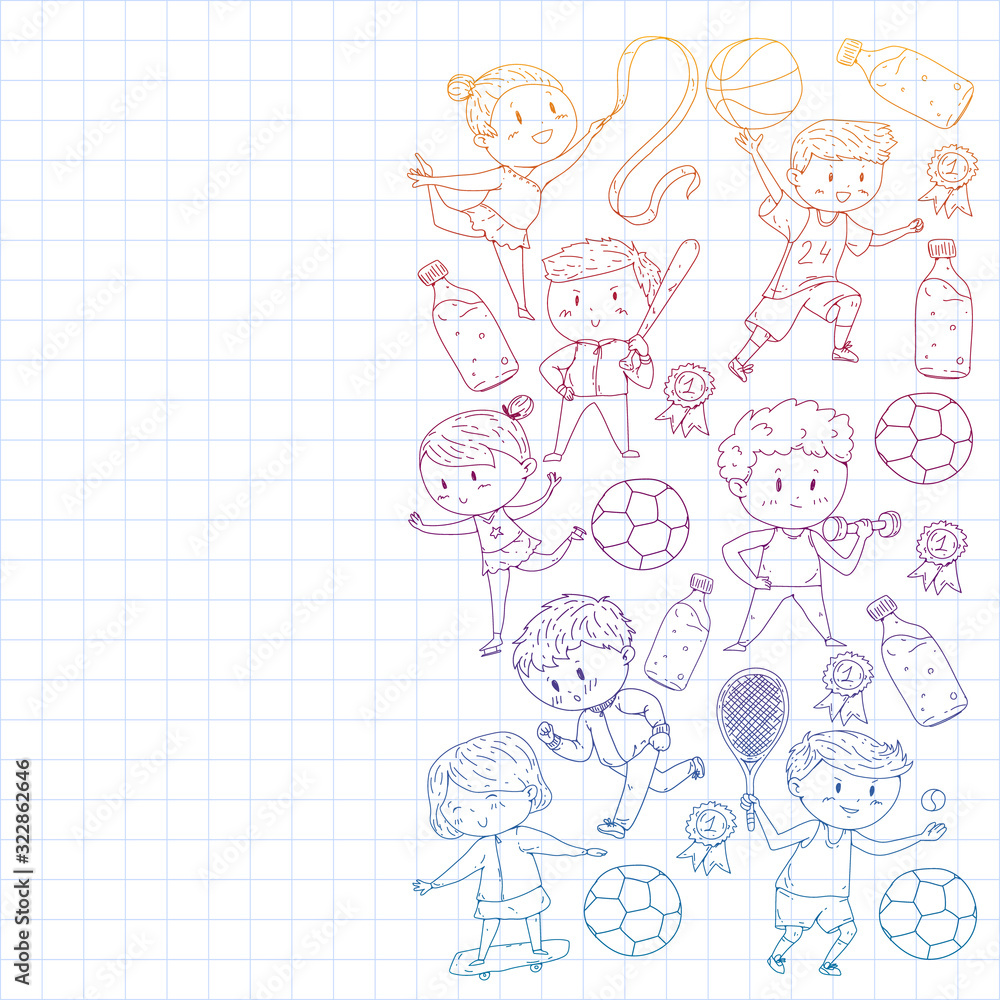 Children and sport. Vector illustration of activities. Football, soccer, running, dancing, martial arts. Health care in school and kindergarten. Children and sport. Vector illustration of activities. Football, soccer, running, dancing, martial arts. Health care in school and kindergarten.