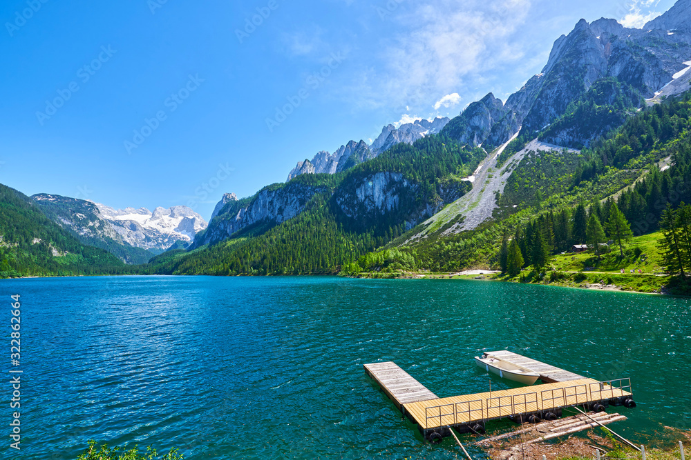 Beautiful Gosausee lake landscape with Dachstein mountains in Austrian Alps. Salzkammergut region. Beautiful Gosausee lake landscape with Dachstein mountains in Austrian Alps. Salzkammergut region.