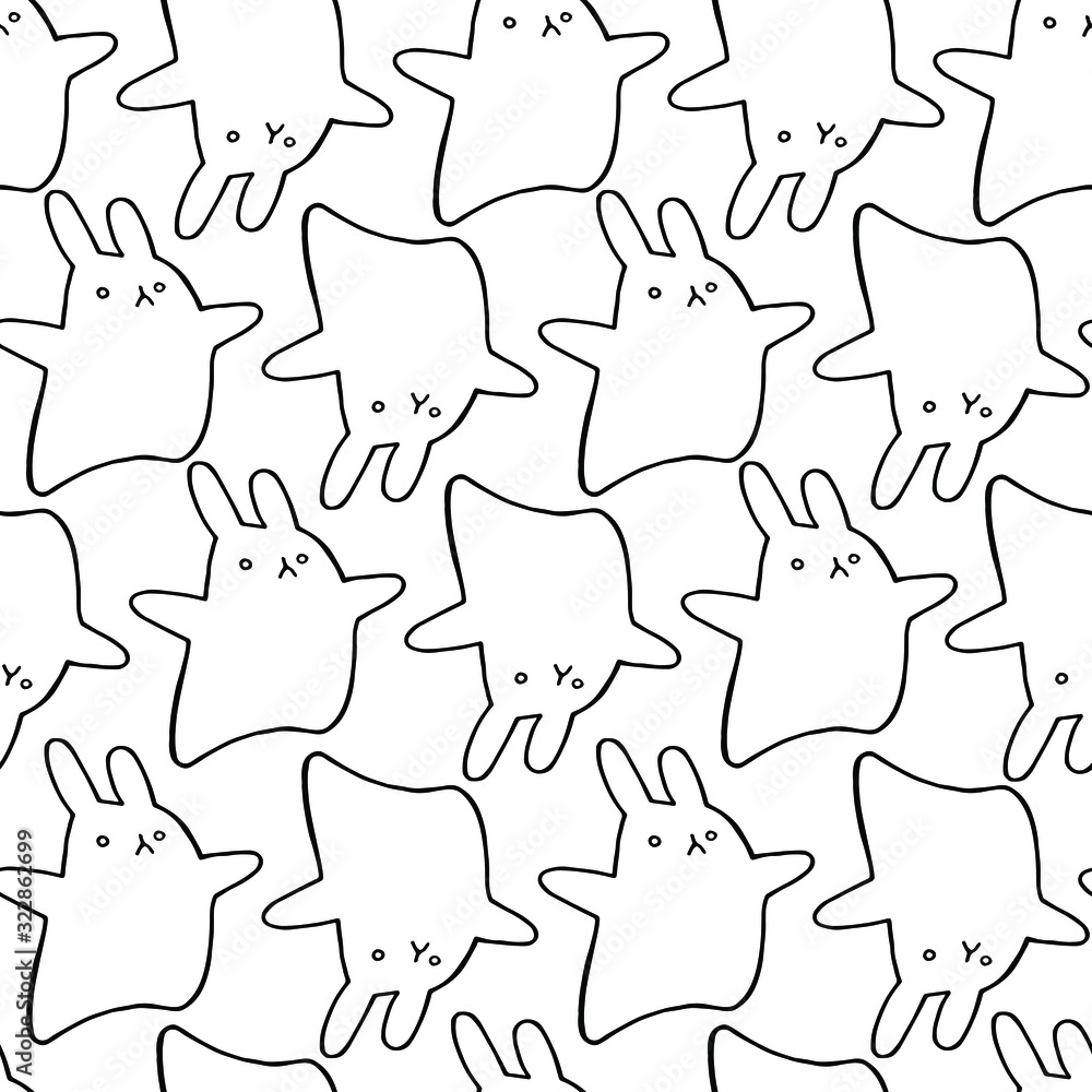 Seamless pattern. Hand drawing rabbits. Hug. Coloring page. Black line. Design for baby products. Print for St. Valentine's Day. Use for postcards, fabric, wrapping paper, wallpaper and web.
