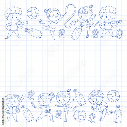 Children and sport. Vector illustration of activities. Football, soccer, running, dancing, martial arts. Health care in school and kindergarten.