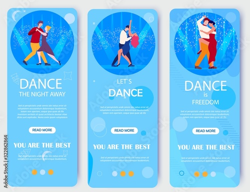 Lets Dance Night Away Banner. Dancing School Classes Advertisement. Nightclub Party Flyer Template with Man Woman Dancers. Teaching Classic Waltz Tango Salsa. Choreography Learning