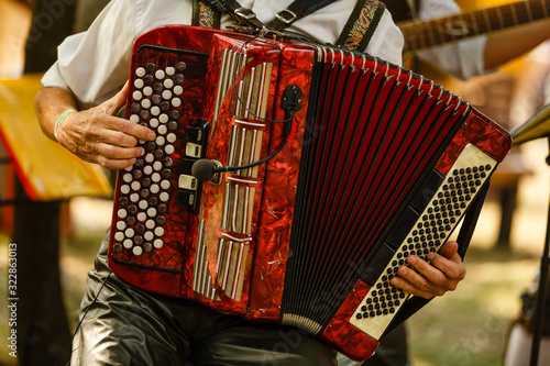 Male playing on the accordion against a grunge background