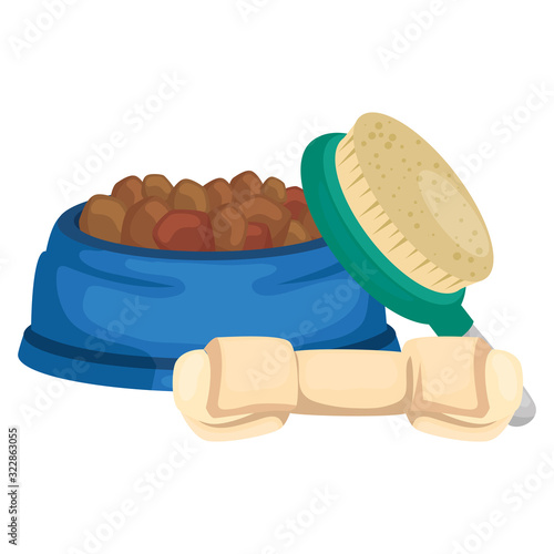 dish food for dog with bone and brush