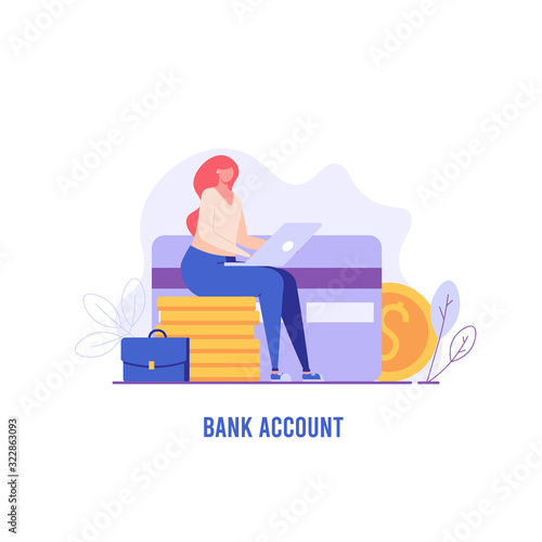 Woman working on laptop with credit card, coins and portfolio. Concept of bank account, banking, deposit, business assistance. Vector illustration in flat design for UI, web banner, mobile app