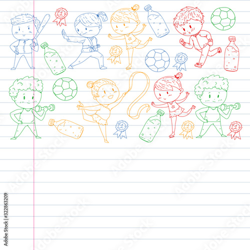 Children and sport. Vector illustration of activities. Football, soccer, running, dancing, martial arts. Health care in school and kindergarten.