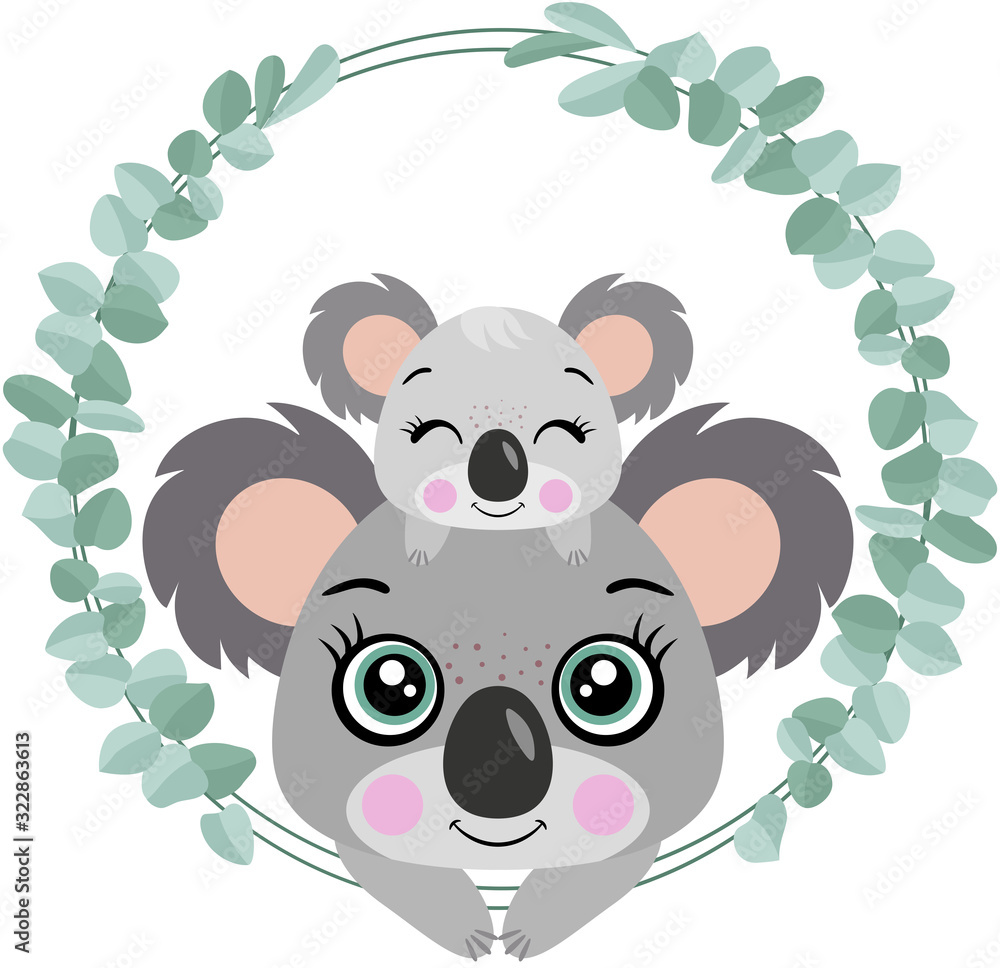 Obraz premium Mum koala with her baby on head peeking out of eucalyptus leaves frame