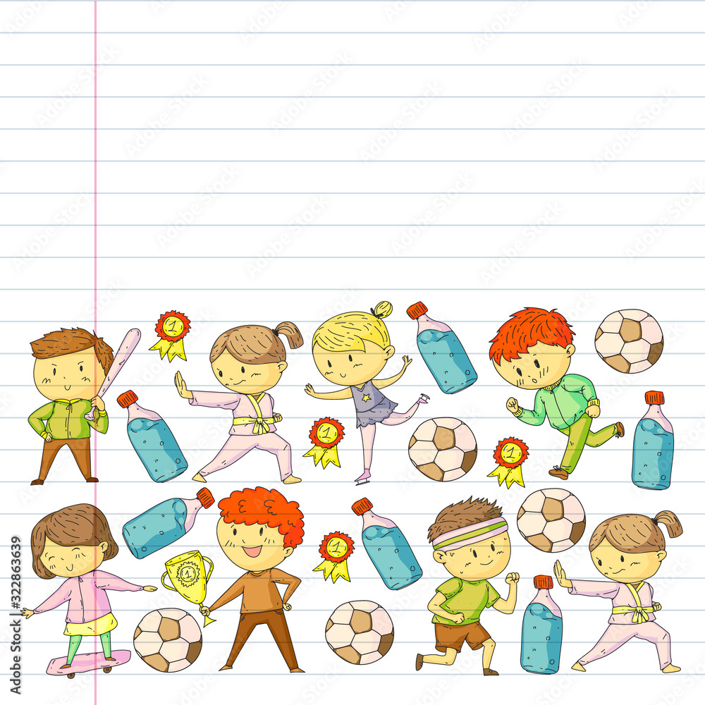 Children and sport. Vector illustration of activities. Football, soccer, running, dancing, martial arts. Health care in school and kindergarten. Children and sport. Vector illustration of activities. Football, soccer, running, dancing, martial arts. Health care in school and kindergarten.
