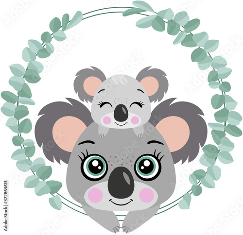 Mum koala with her baby on head peeking out of eucalyptus leaves frame