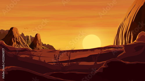 Orange landscape, sunset in the desert, rocks, orange sunset, mountains, and beautiful sky.